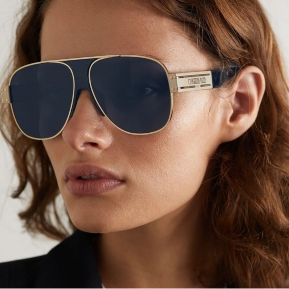 Christian Dior Gold and Dark Blue Aviator Sunglasses